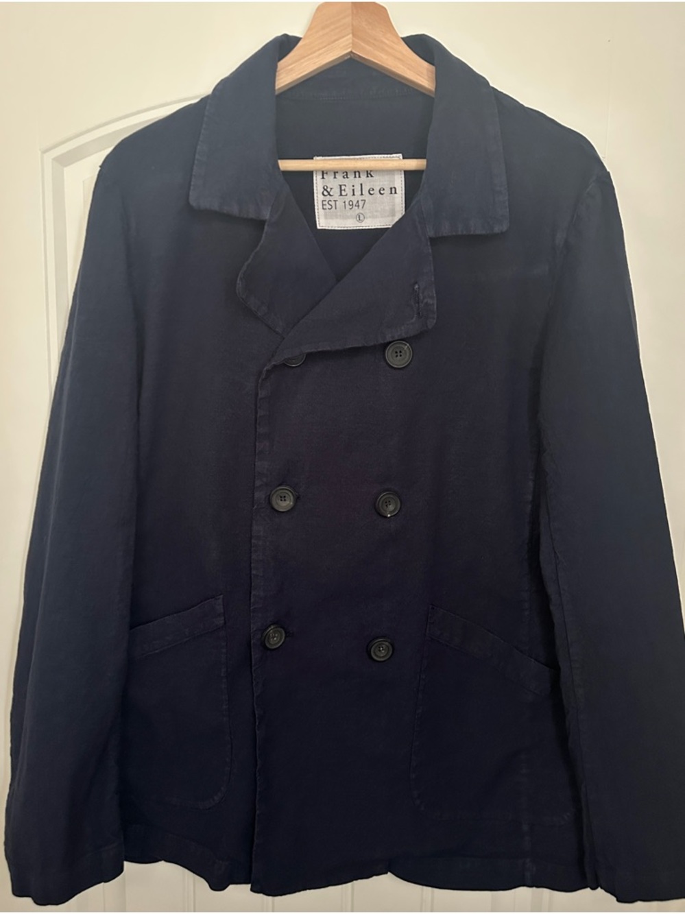 Frank & Eileen Belfast Jacket L Navy Linen Cotton USA Chore Blazer